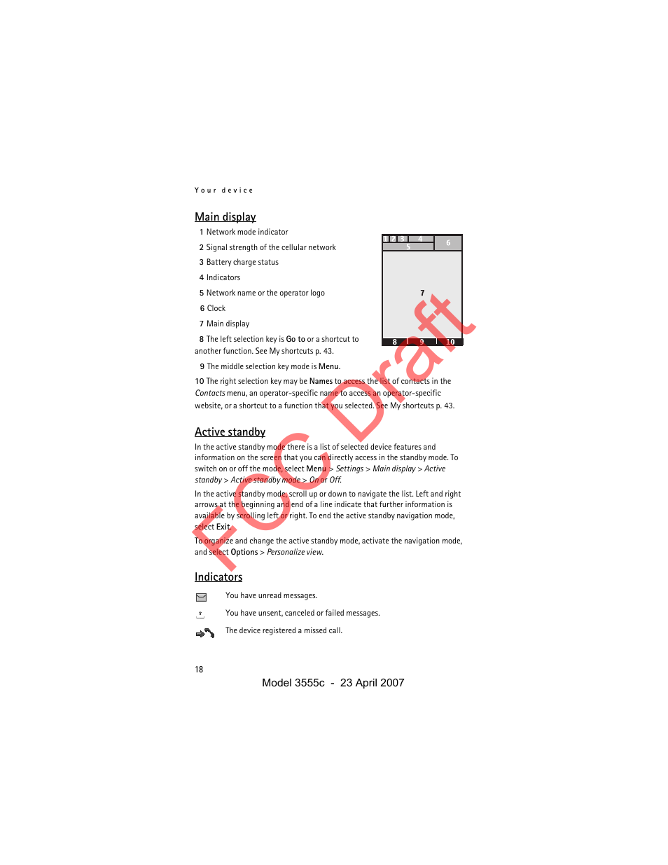 Main display, Active standby, Indicators | Fcc draft | Nokia Cellphone 3555c User Manual | Page 18 / 86