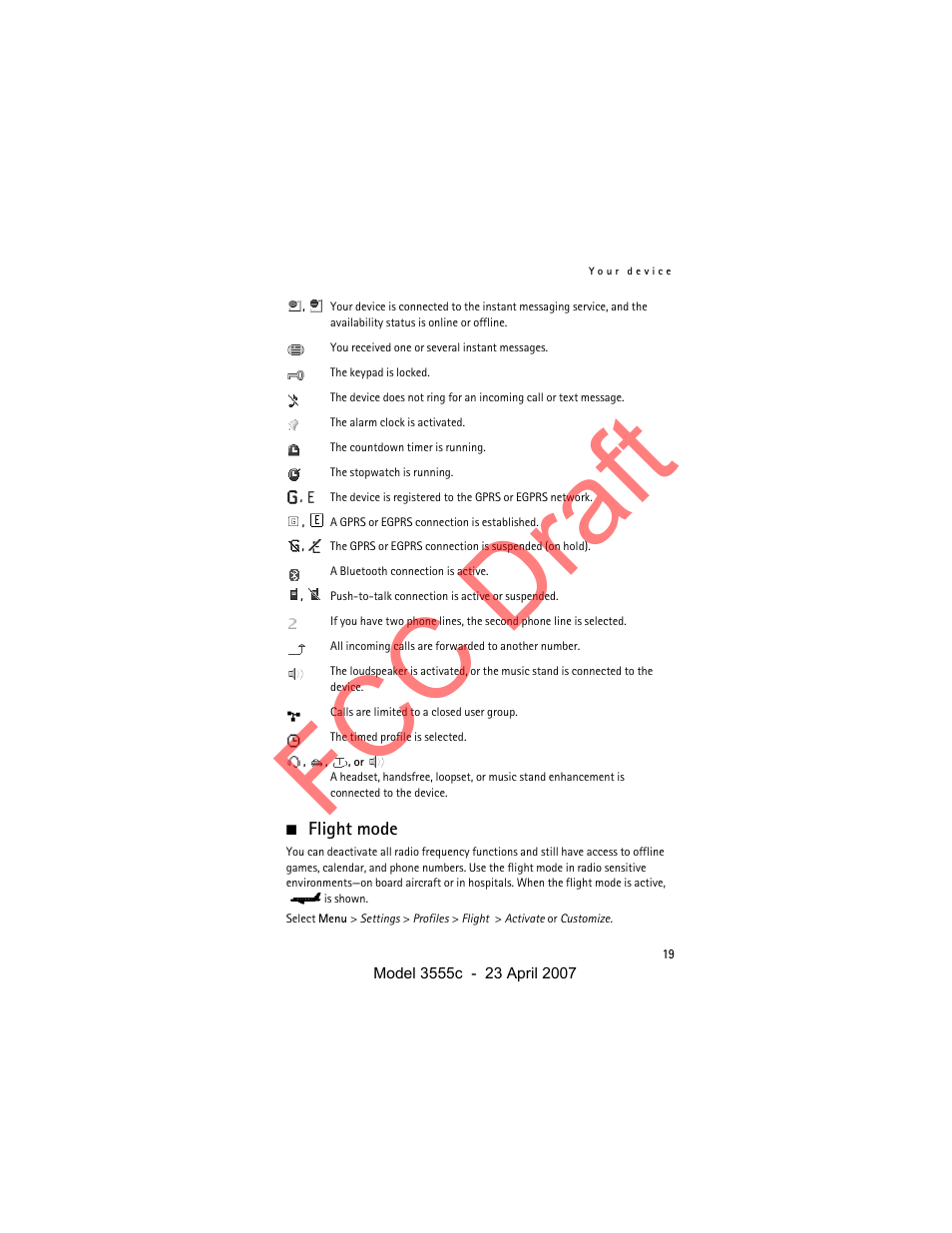 Flight mode, Fcc draft | Nokia Cellphone 3555c User Manual | Page 19 / 86