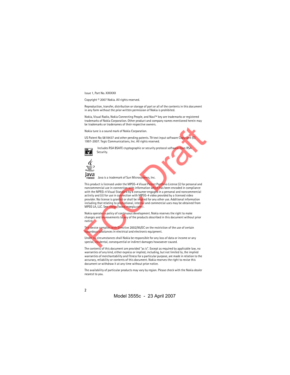 Fcc draft | Nokia Cellphone 3555c User Manual | Page 2 / 86