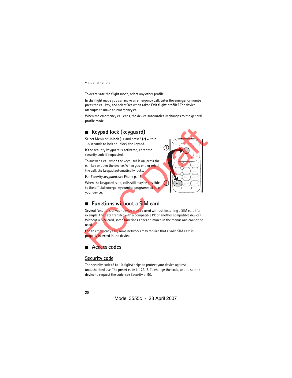 Keypad lock (keyguard), Functions without a sim card, Access codes | Security code, Fcc draft | Nokia Cellphone 3555c User Manual | Page 20 / 86