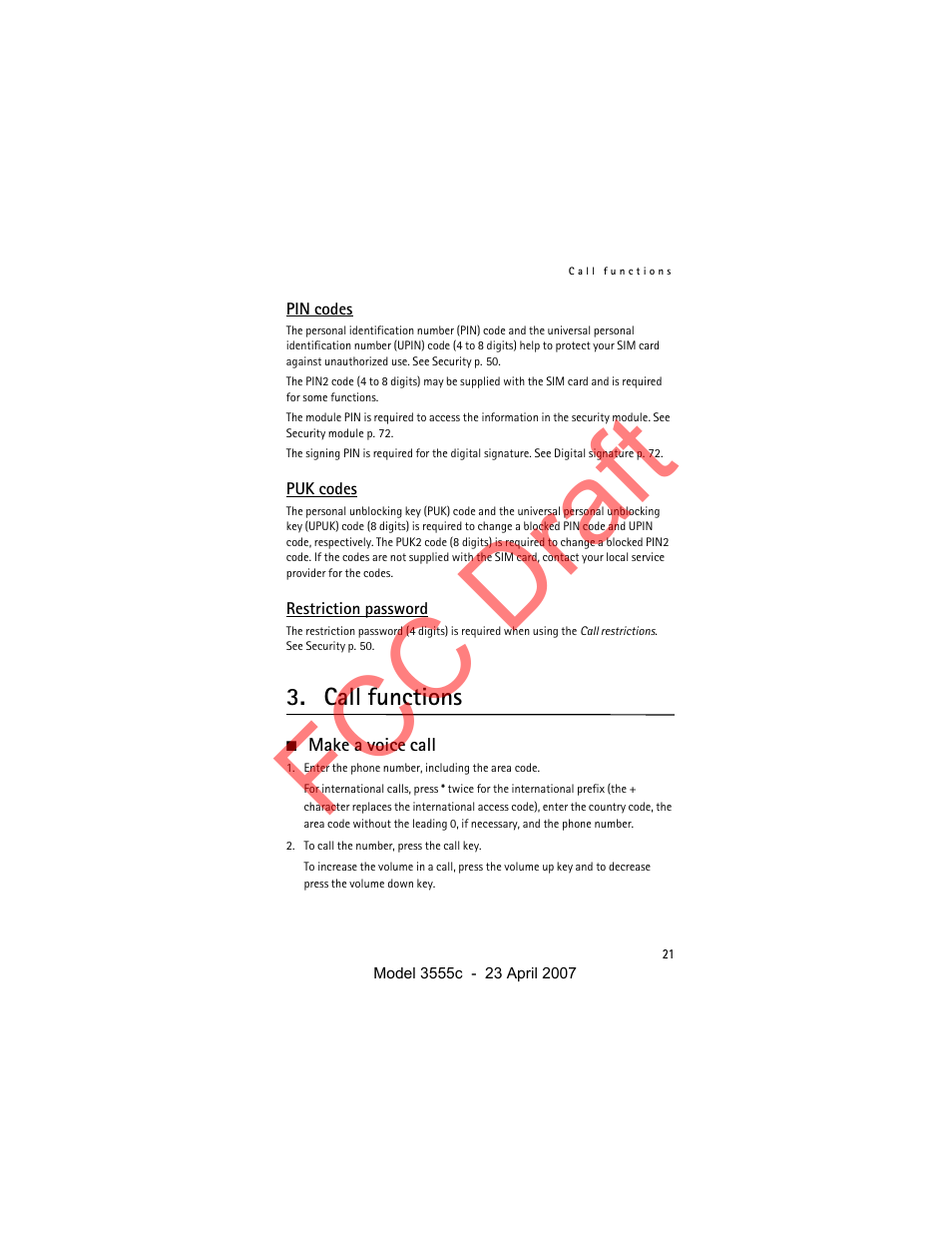 Pin codes, Puk codes, Restriction password | Call functions, Make a voice call, Fcc draft | Nokia Cellphone 3555c User Manual | Page 21 / 86