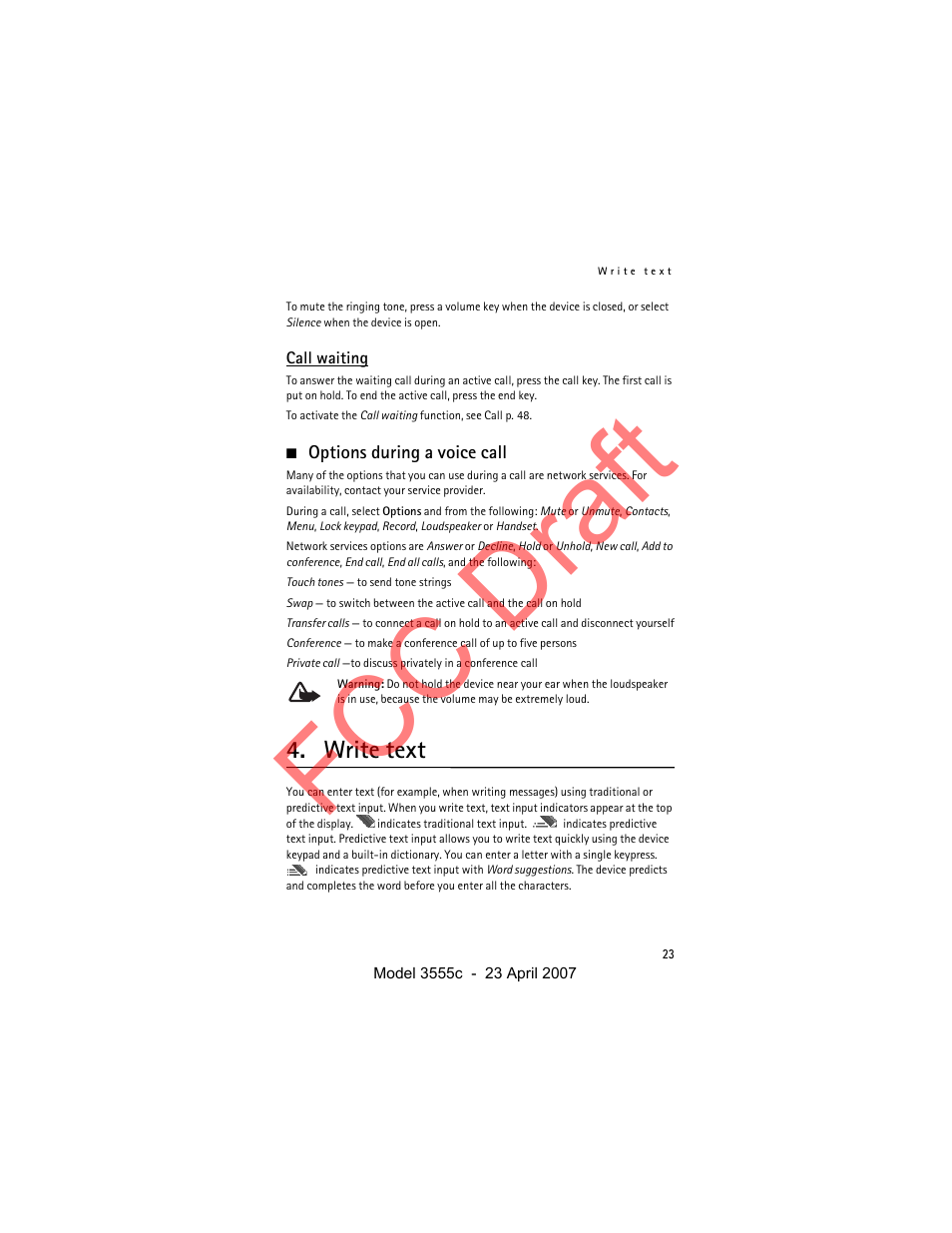 Call waiting, Options during a voice call, Write text | Fcc draft | Nokia Cellphone 3555c User Manual | Page 23 / 86
