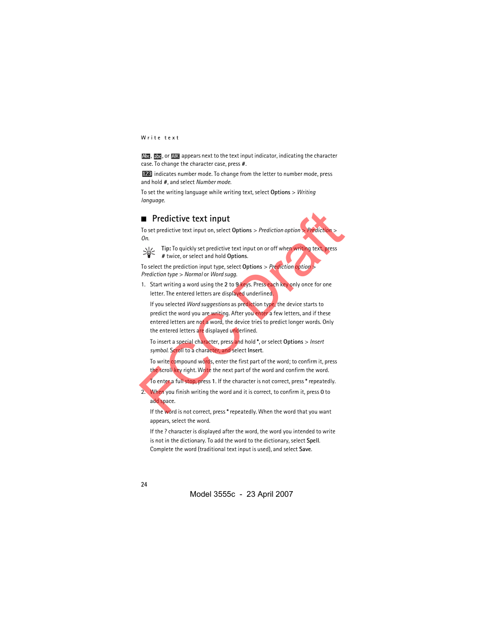 Predictive text input, Fcc draft | Nokia Cellphone 3555c User Manual | Page 24 / 86