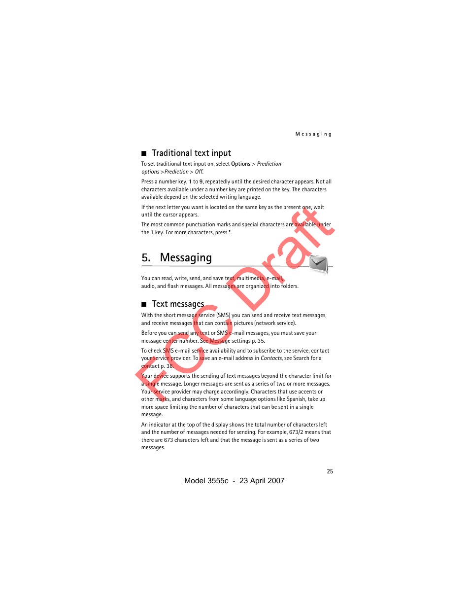 Traditional text input, Messaging, Text messages | Fcc draft | Nokia Cellphone 3555c User Manual | Page 25 / 86