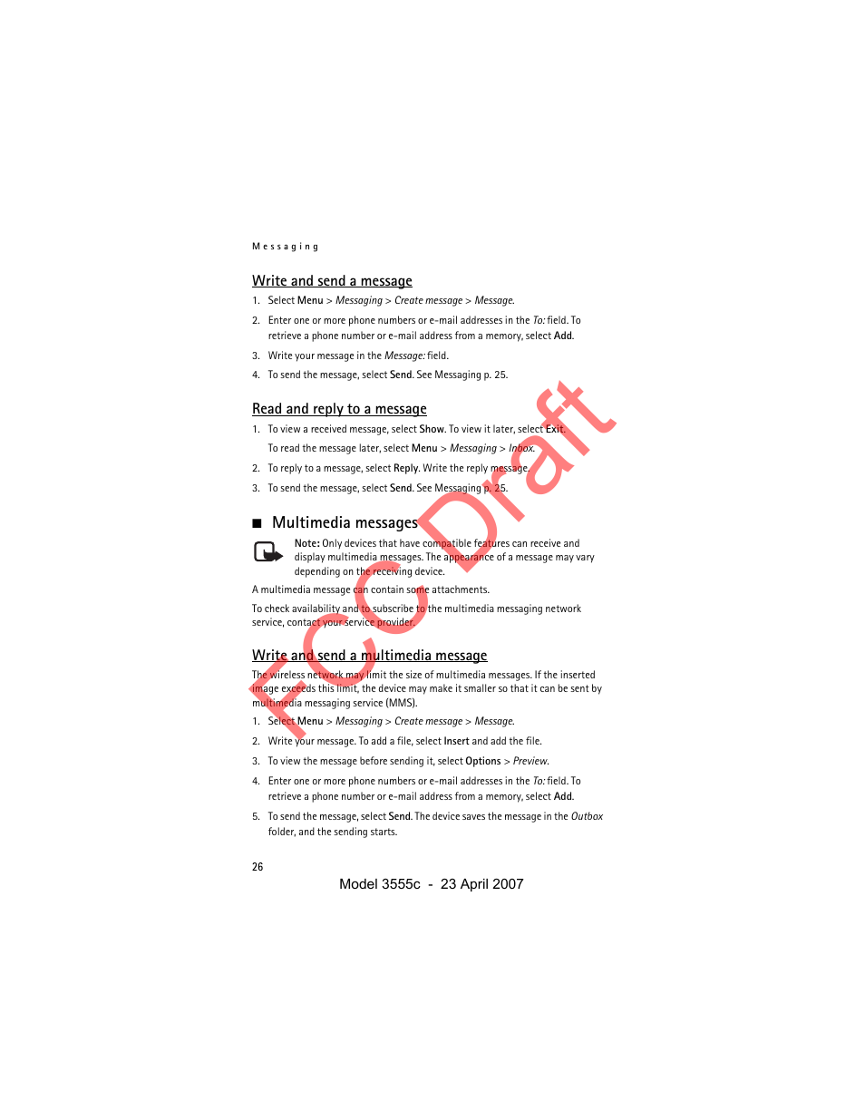 Write and send a message, Read and reply to a message, Multimedia messages | Write and send a multimedia message, Fcc draft | Nokia Cellphone 3555c User Manual | Page 26 / 86