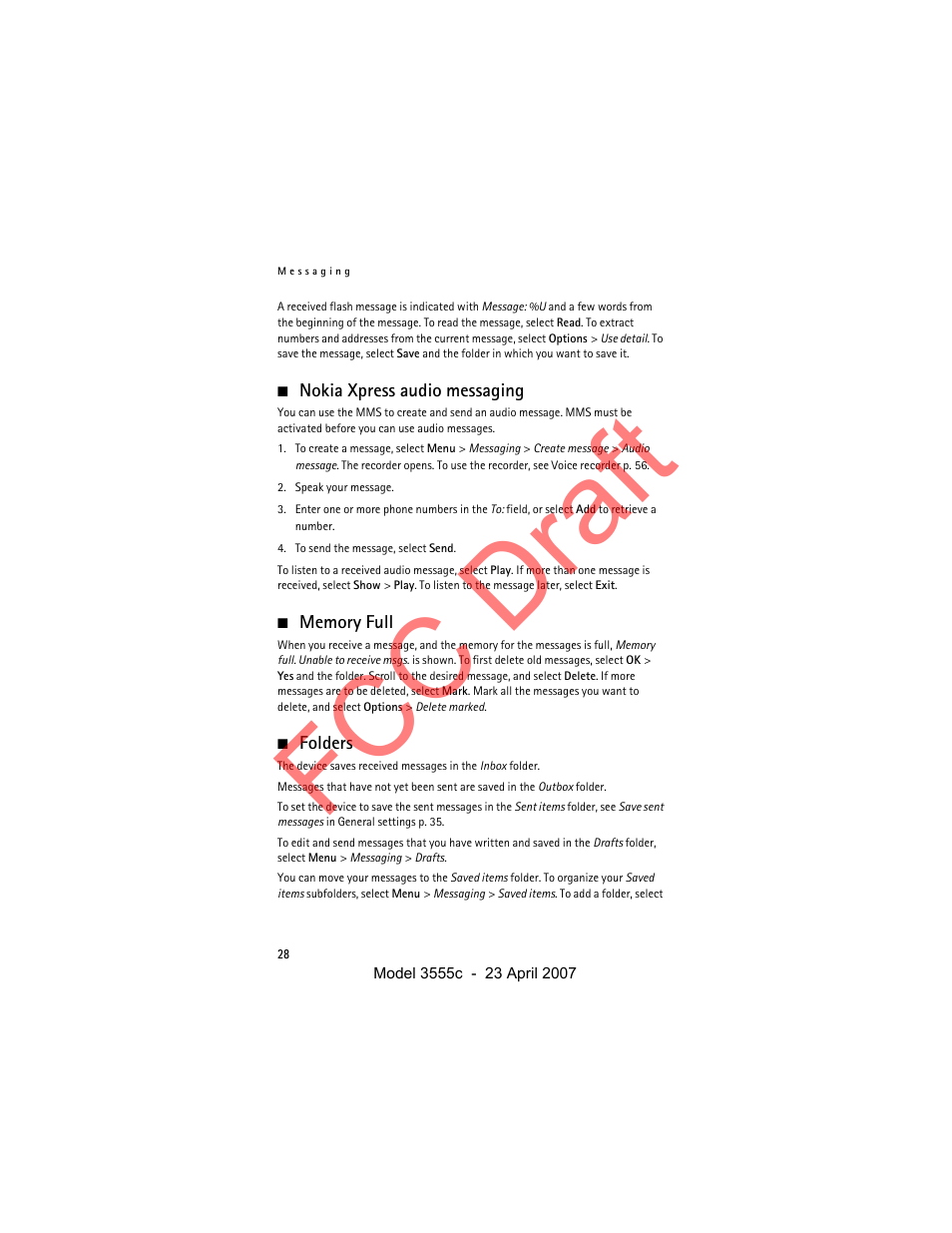 Nokia xpress audio messaging, Memory full, Folders | Fcc draft | Nokia Cellphone 3555c User Manual | Page 28 / 86