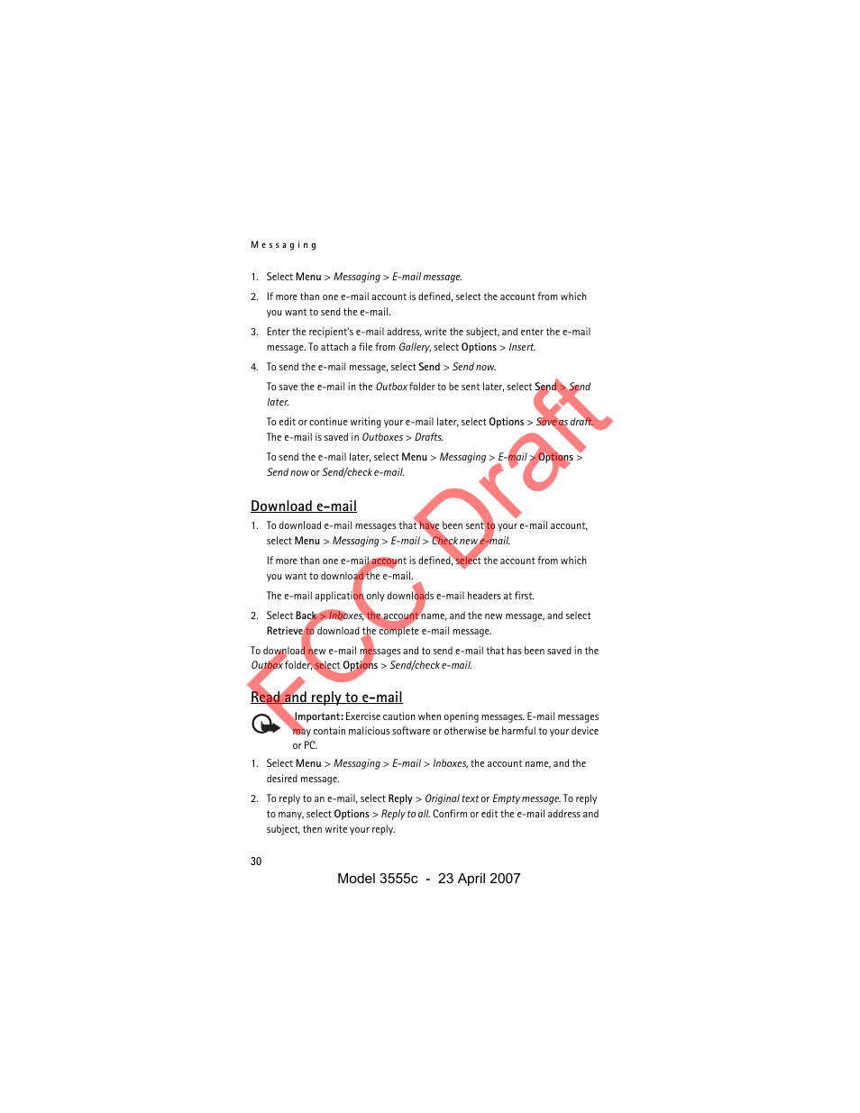 Download e-mail, Read and reply to e-mail, Fcc draft | Nokia Cellphone 3555c User Manual | Page 30 / 86