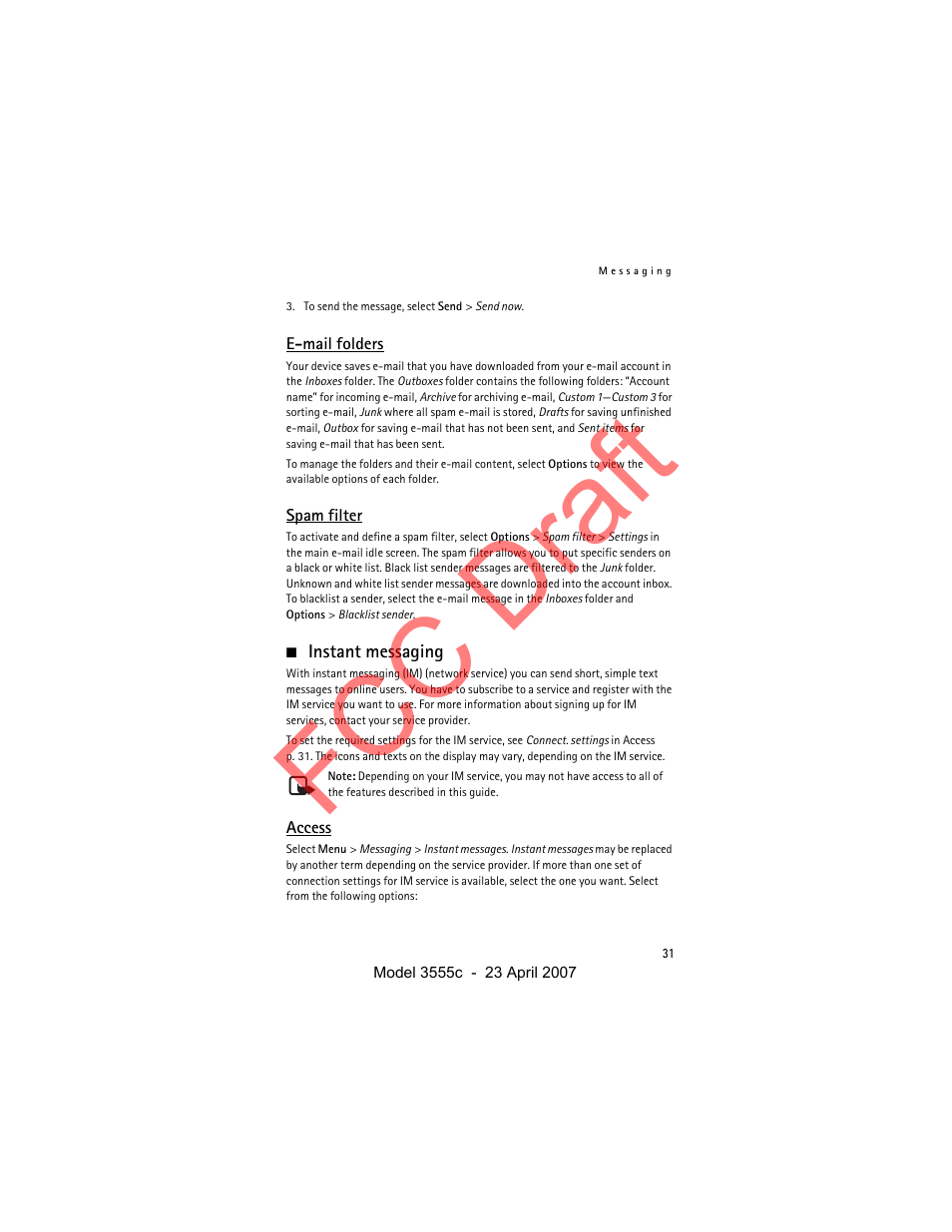E-mail folders, Spam filter, Instant messaging | Access, Ging. see instant messaging, Fcc draft | Nokia Cellphone 3555c User Manual | Page 31 / 86