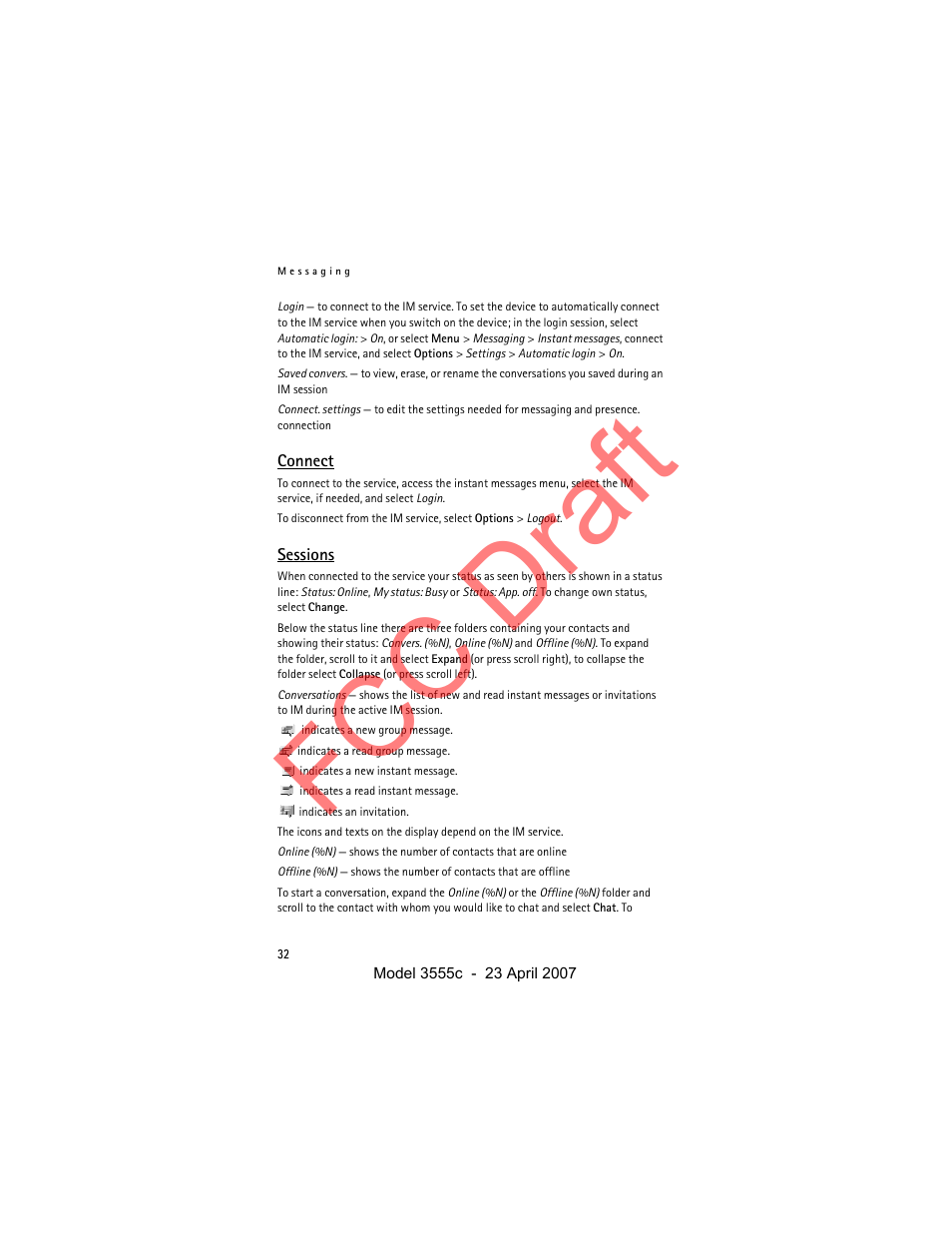 Connect, Sessions, Fcc draft | Nokia Cellphone 3555c User Manual | Page 32 / 86