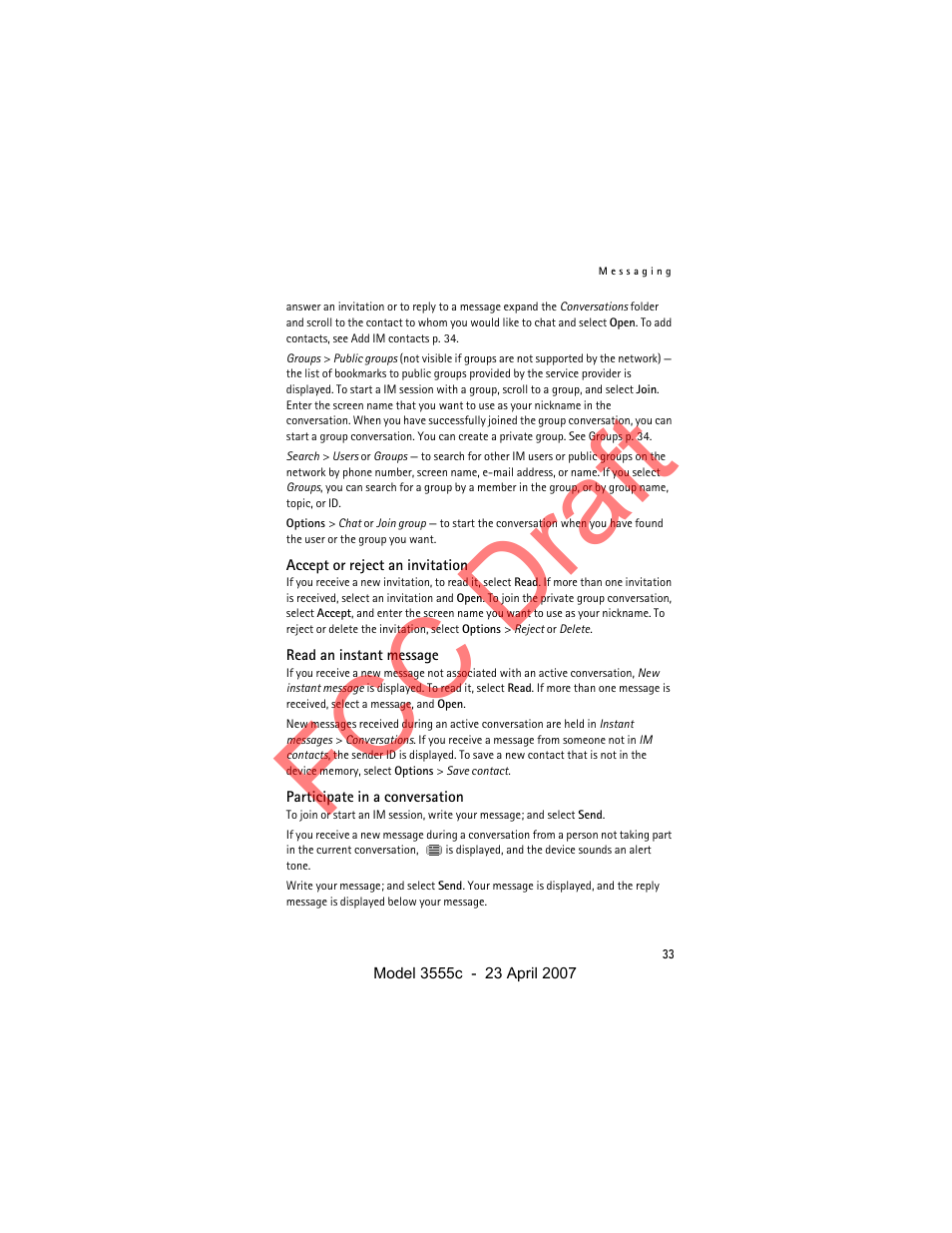 Accept or reject an invitation, Read an instant message, Participate in a conversation | Fcc draft | Nokia Cellphone 3555c User Manual | Page 33 / 86