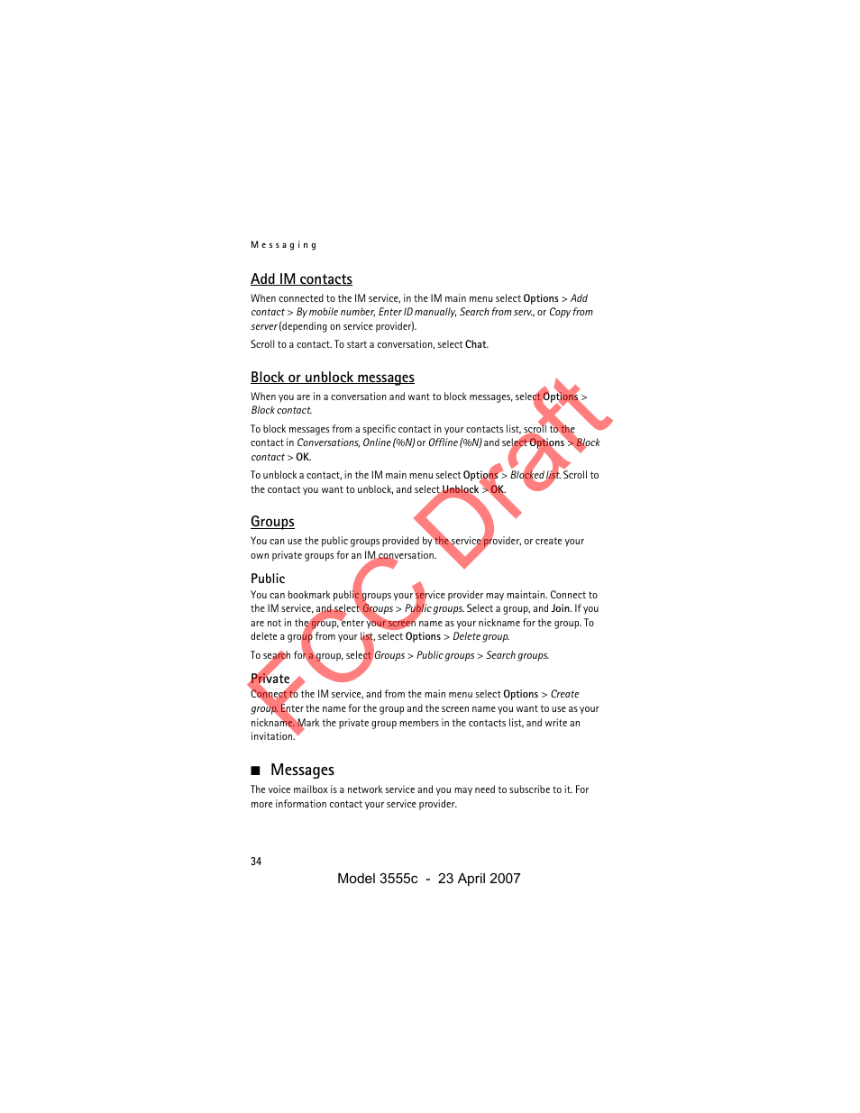 Add im contacts, Block or unblock messages, Groups | Public, Private, Messages, Fcc draft | Nokia Cellphone 3555c User Manual | Page 34 / 86