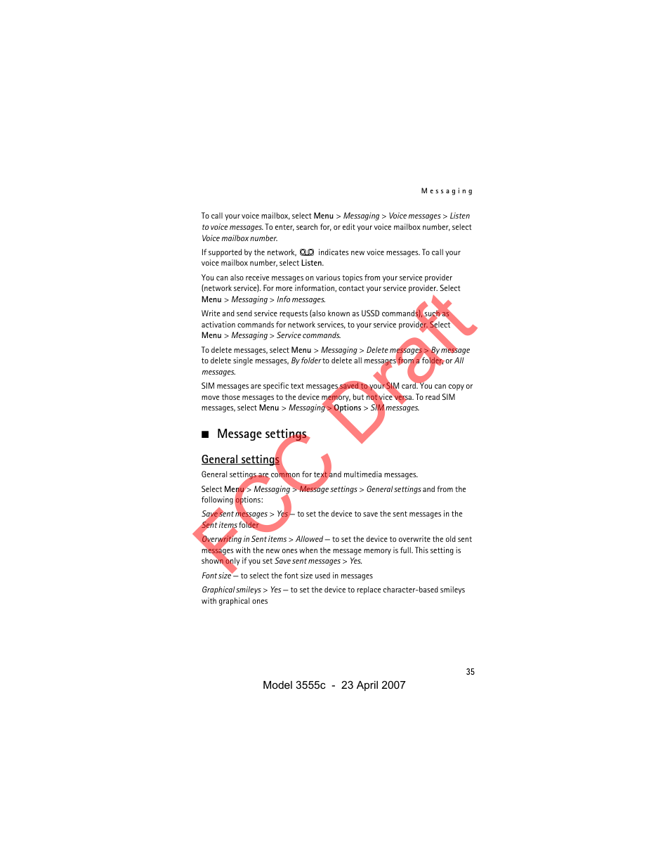 Message settings, General settings, Fcc draft | Nokia Cellphone 3555c User Manual | Page 35 / 86