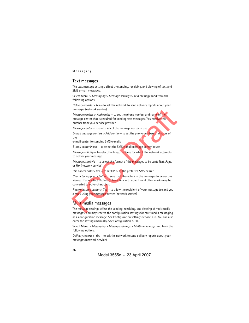 Text messages, Multimedia messages, Fcc draft | Nokia Cellphone 3555c User Manual | Page 36 / 86