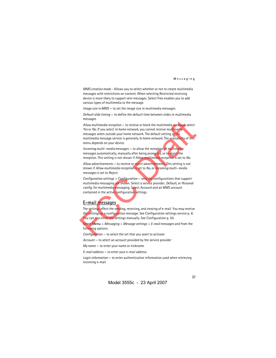 E-mail messages, See e-mail messages, Fcc draft | Nokia Cellphone 3555c User Manual | Page 37 / 86