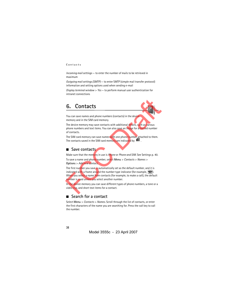 Contacts, Save contacts, Search for a contact | Fcc draft | Nokia Cellphone 3555c User Manual | Page 38 / 86