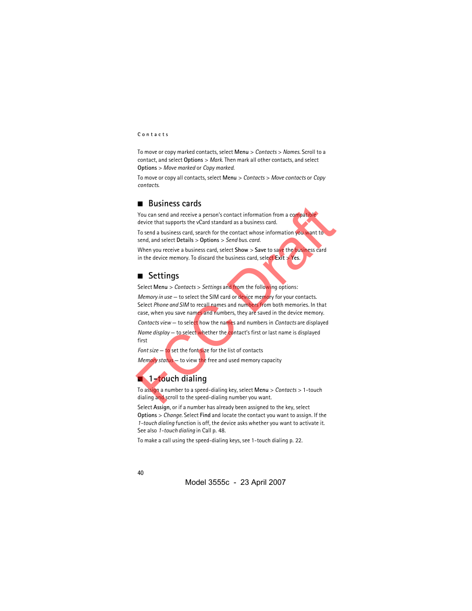 Business cards, Settings, Touch dialing | Touch dialing p. 40. call the number in, Fcc draft | Nokia Cellphone 3555c User Manual | Page 40 / 86
