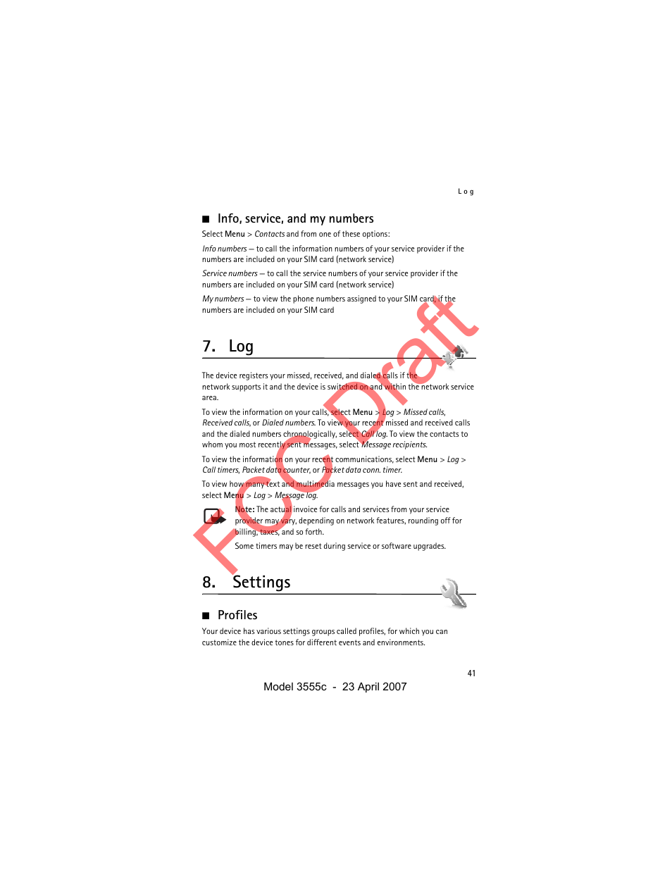 Info, service, and my numbers, Settings, Profiles | Fcc draft | Nokia Cellphone 3555c User Manual | Page 41 / 86
