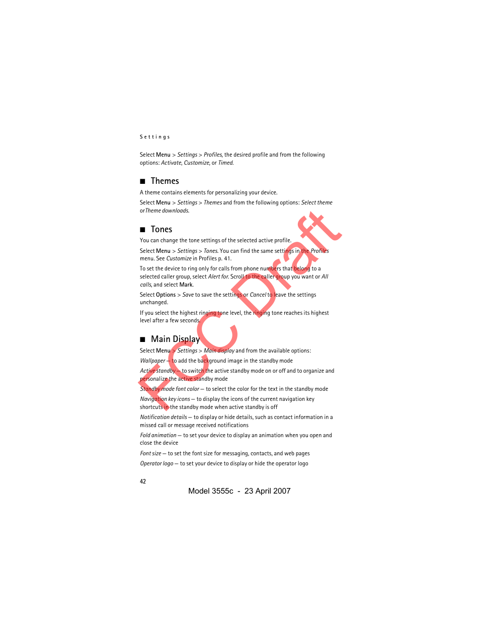Themes, Tones, Main display | Fcc draft | Nokia Cellphone 3555c User Manual | Page 42 / 86