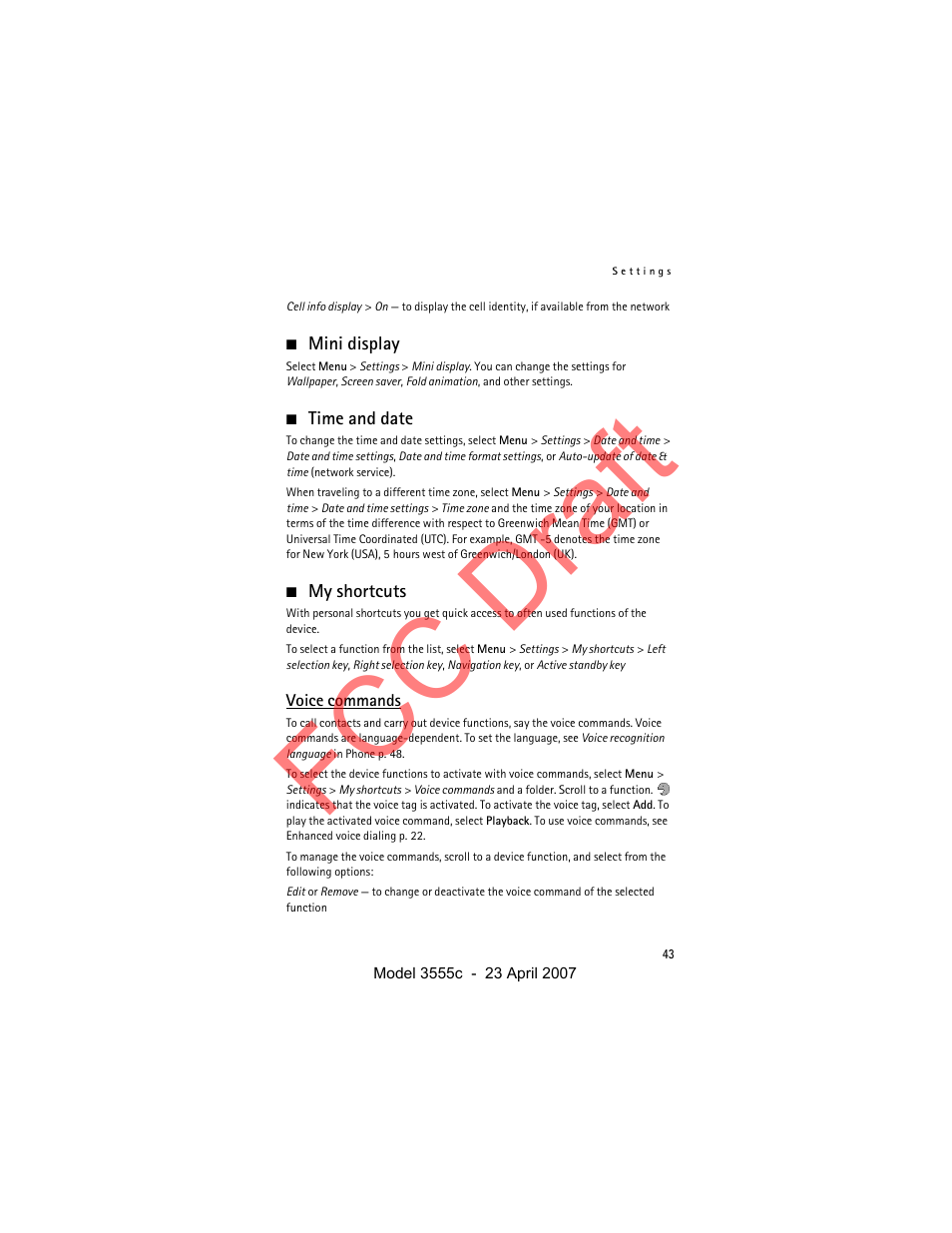 Mini display, Time and date, My shortcuts | Voice commands, Ice commands, Another function. see my shortcuts, D. see my shortcuts, My shortcuts p. 43, Fcc draft | Nokia Cellphone 3555c User Manual | Page 43 / 86