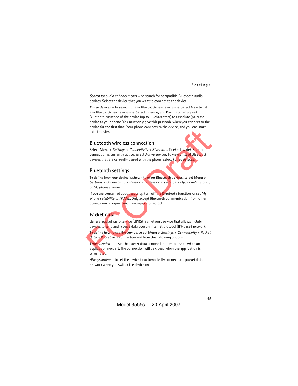 Bluetooth wireless connection, Bluetooth settings, Packet data | Fcc draft | Nokia Cellphone 3555c User Manual | Page 45 / 86