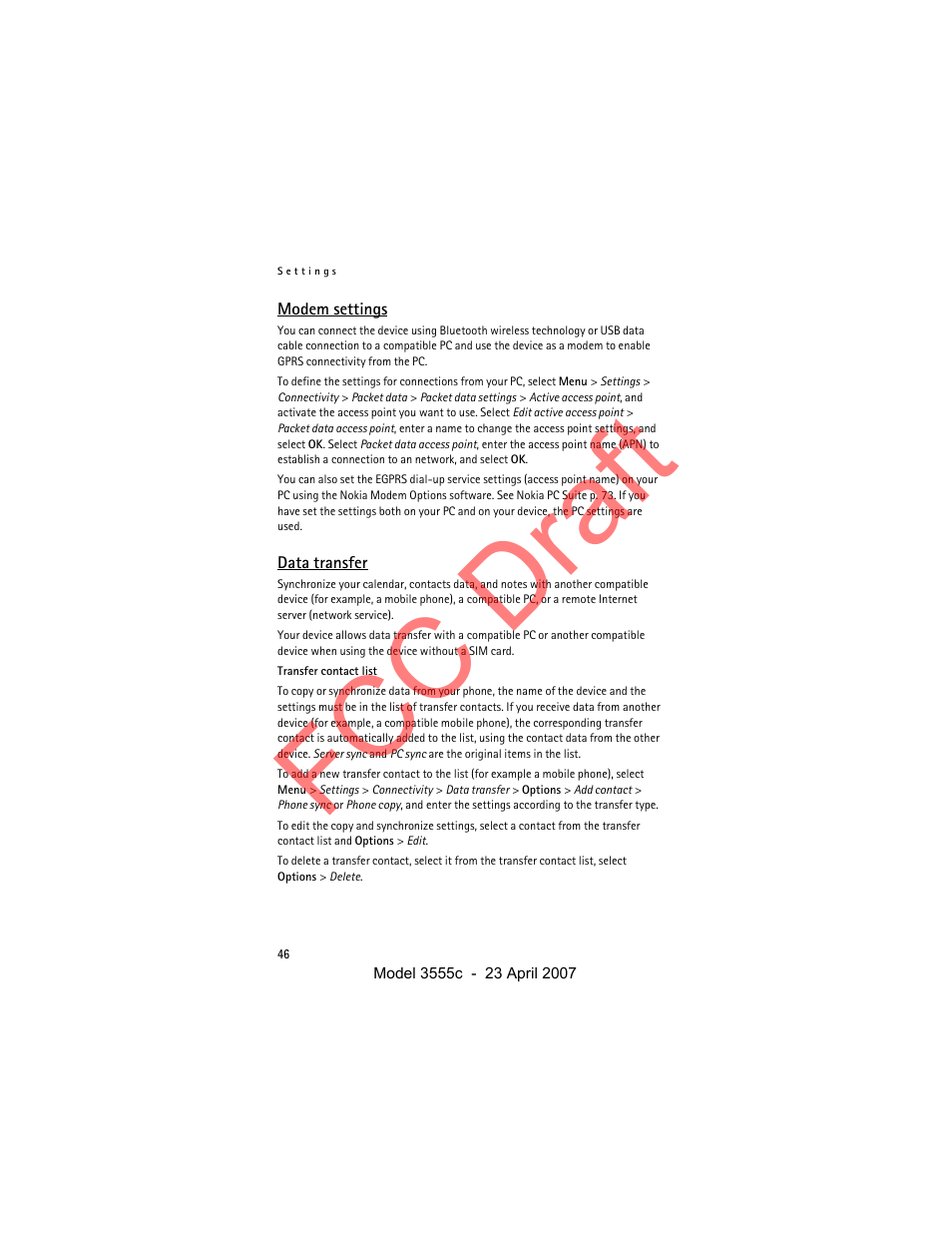 Modem settings, Data transfer, Fcc draft | Nokia Cellphone 3555c User Manual | Page 46 / 86