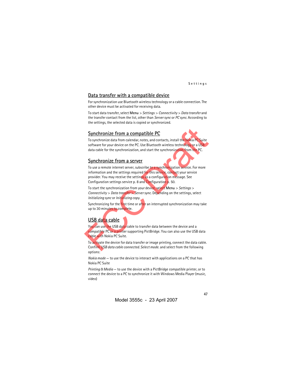 Data transfer with a compatible device, Synchronize from a compatible pc, Synchronize from a server | Usb data cable, Fcc draft | Nokia Cellphone 3555c User Manual | Page 47 / 86