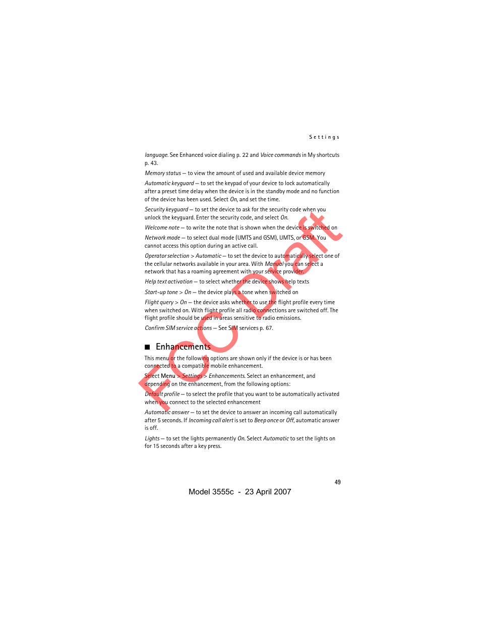 Enhancements, Fcc draft | Nokia Cellphone 3555c User Manual | Page 49 / 86