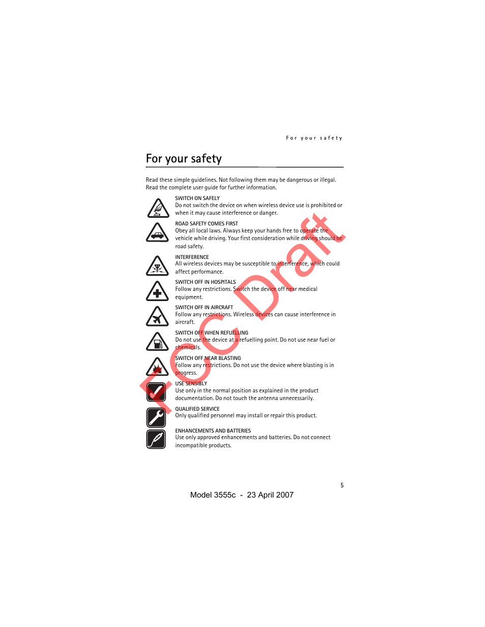 For your safety, Fcc draft | Nokia Cellphone 3555c User Manual | Page 5 / 86