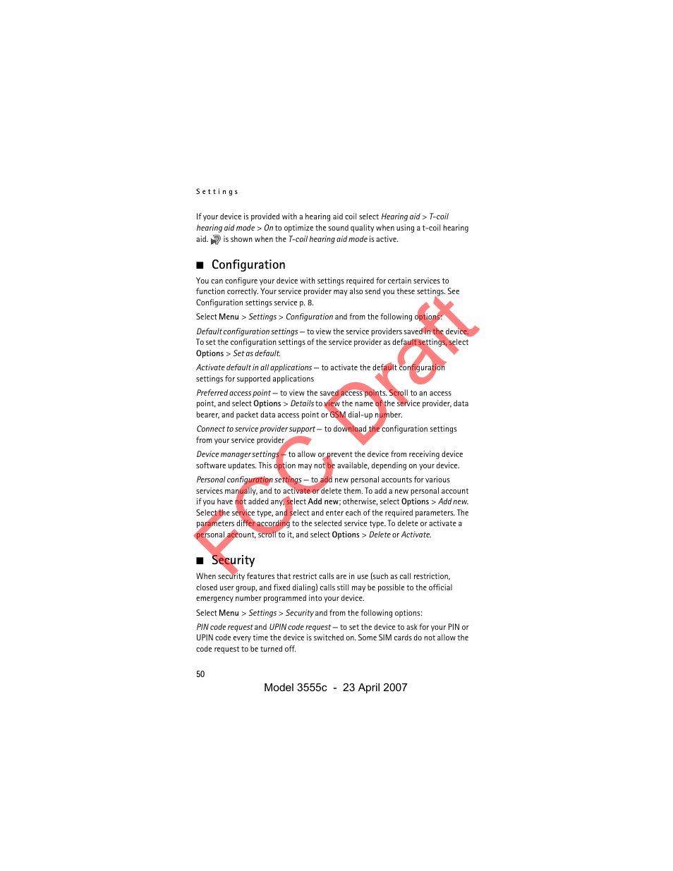 Configuration, Security, E. see security | See security p. 50, E configuration, Fcc draft | Nokia Cellphone 3555c User Manual | Page 50 / 86