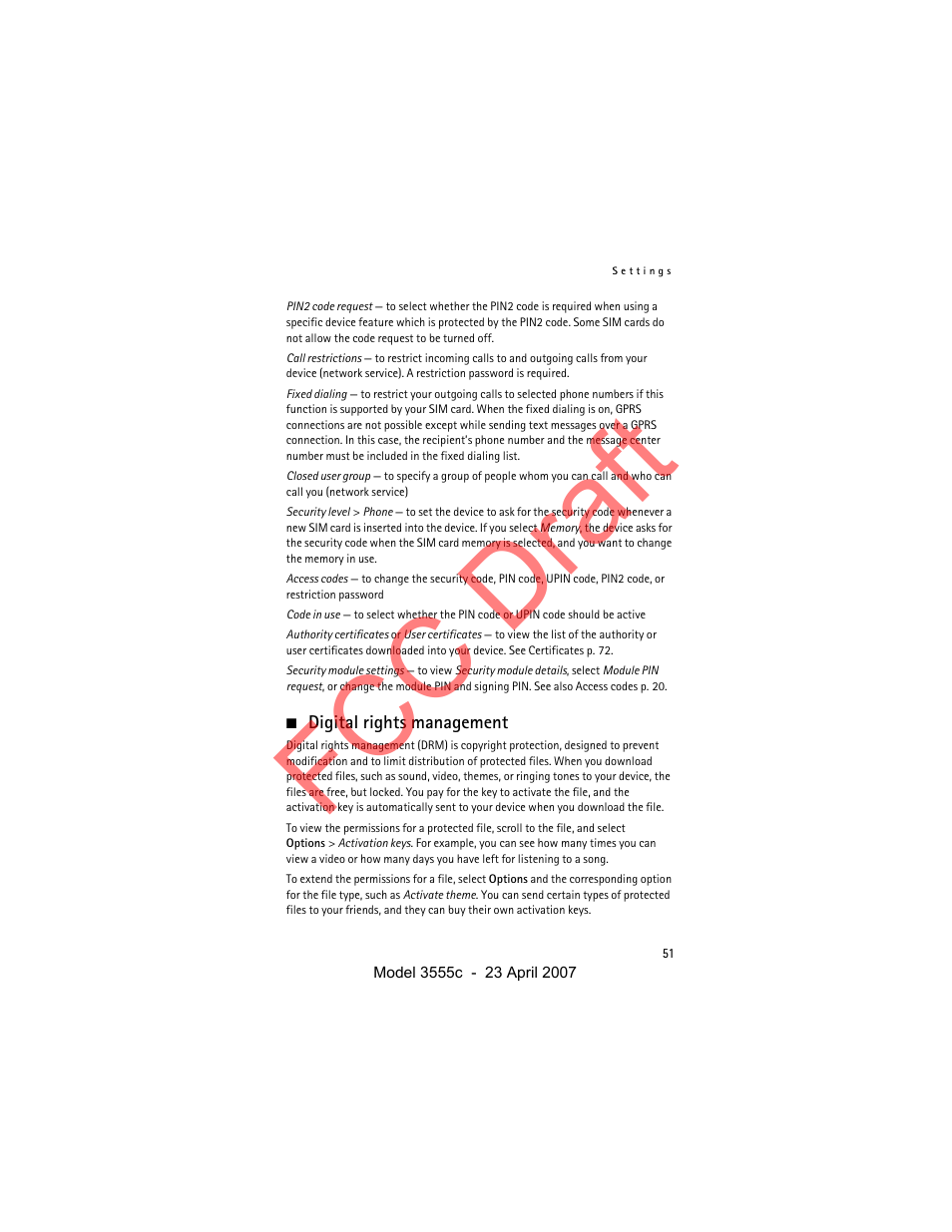 Digital rights management, Fcc draft | Nokia Cellphone 3555c User Manual | Page 51 / 86