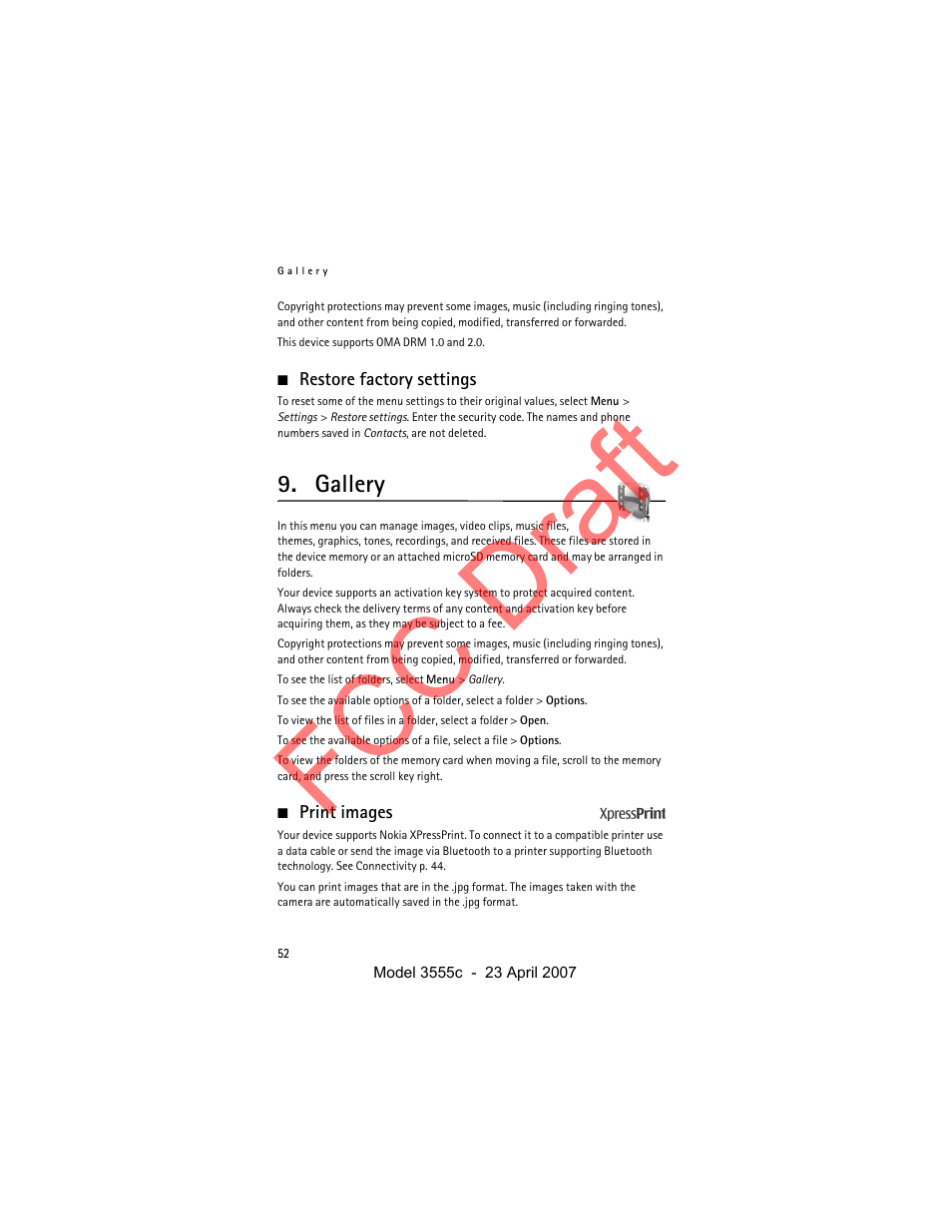 Restore factory settings, Gallery, Print images | Fcc draft | Nokia Cellphone 3555c User Manual | Page 52 / 86