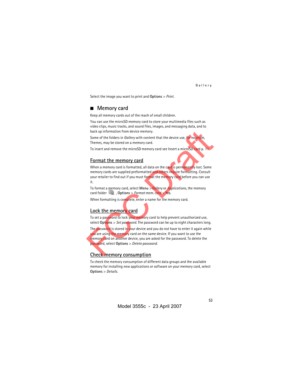 Memory card, Format the memory card, Lock the memory card | Check memory consumption, Fcc draft | Nokia Cellphone 3555c User Manual | Page 53 / 86