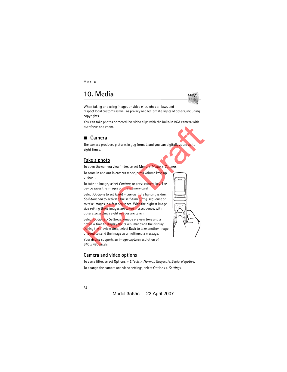 Media, Camera, Take a photo | Camera and video options, Fcc draft | Nokia Cellphone 3555c User Manual | Page 54 / 86