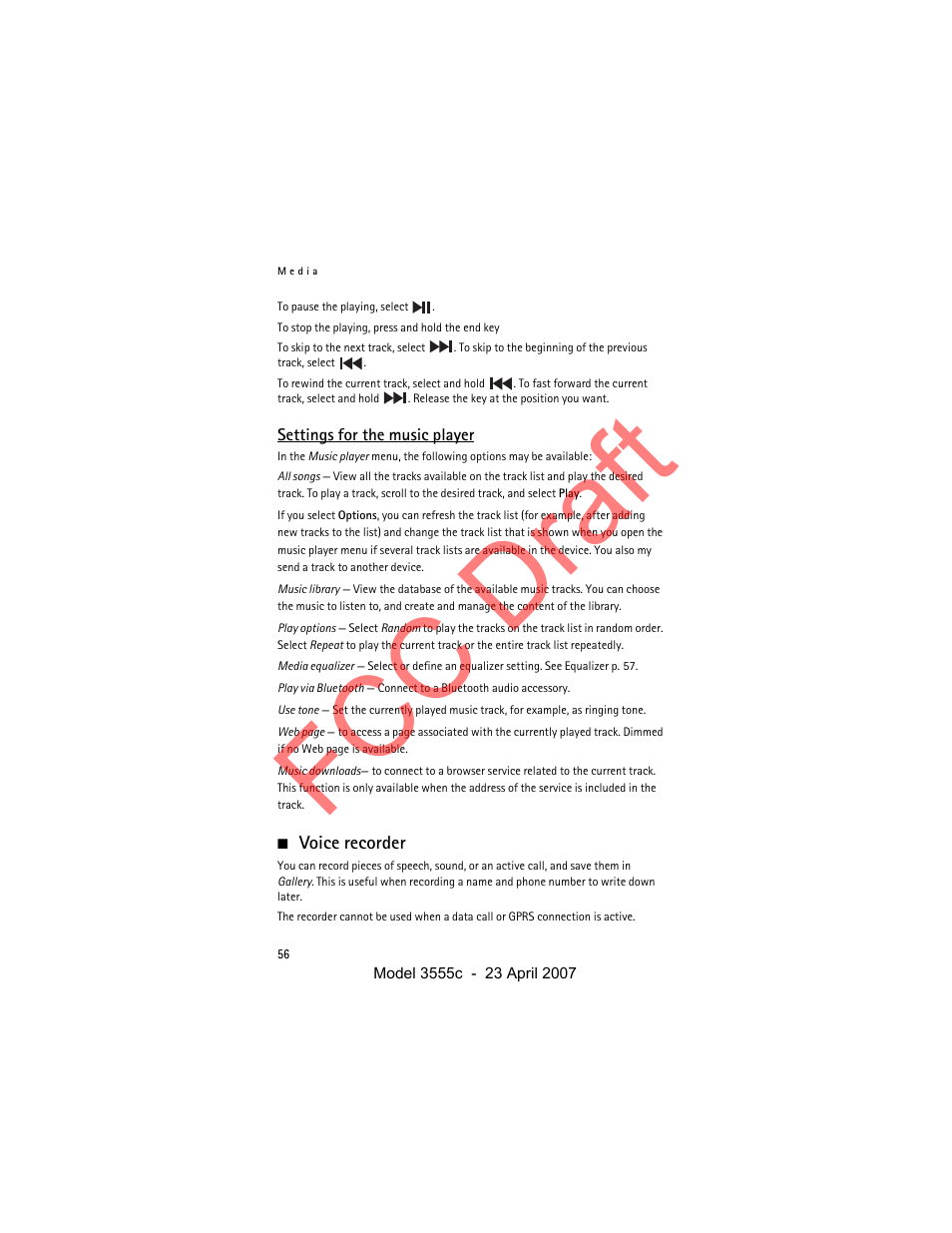 Settings for the music player, Voice recorder, Fcc draft | Nokia Cellphone 3555c User Manual | Page 56 / 86