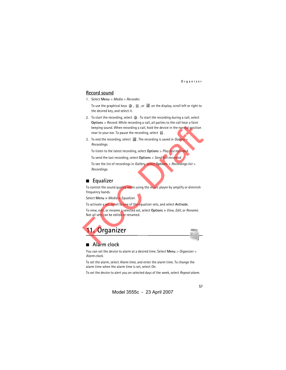 Record sound, Equalizer, Organizer | Alarm clock, Fcc draft | Nokia Cellphone 3555c User Manual | Page 57 / 86