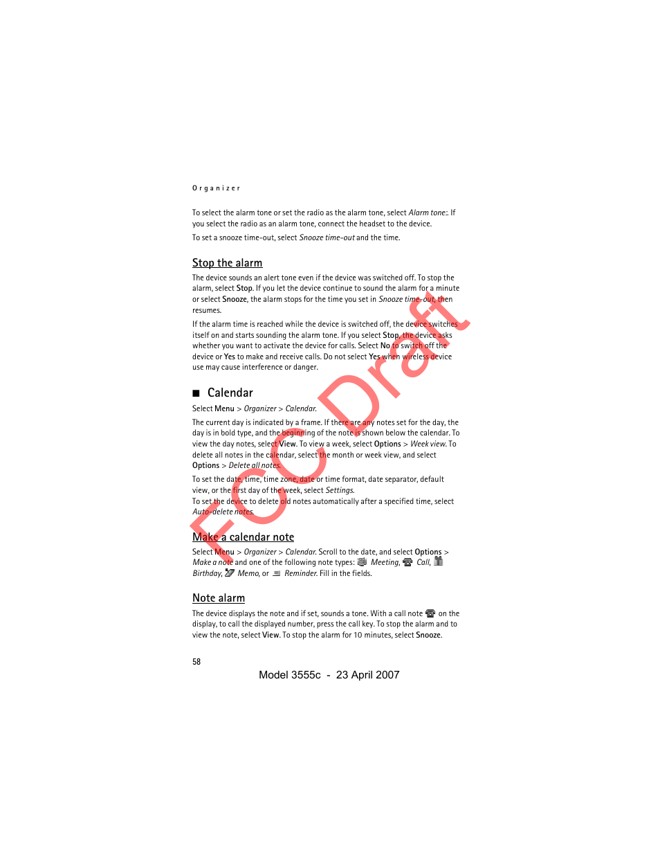 Stop the alarm, Calendar, Make a calendar note | Note alarm, Fcc draft | Nokia Cellphone 3555c User Manual | Page 58 / 86