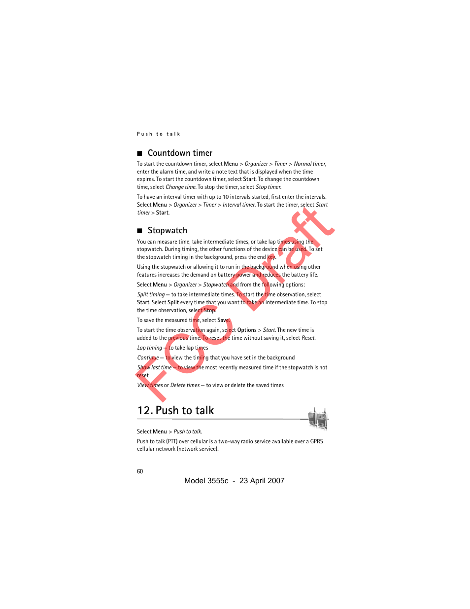 Countdown timer, Stopwatch, Push to talk | Fcc draft | Nokia Cellphone 3555c User Manual | Page 60 / 86