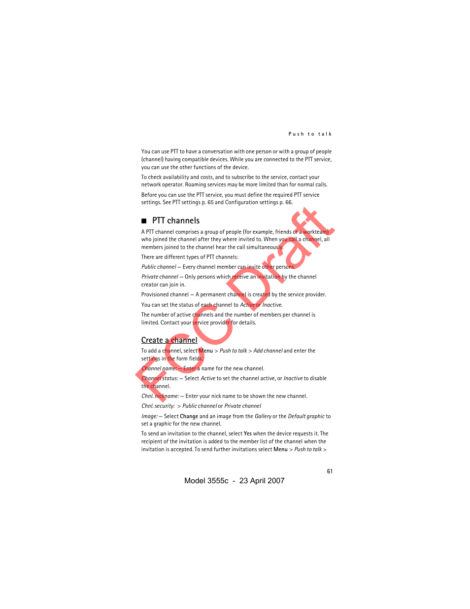 Ptt channels, Create a channel, Fcc draft | Nokia Cellphone 3555c User Manual | Page 61 / 86
