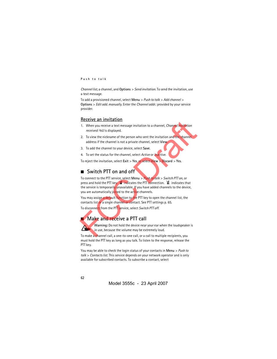 Receive an invitation, Switch ptt on and off, Make and receive a ptt call | Fcc draft | Nokia Cellphone 3555c User Manual | Page 62 / 86