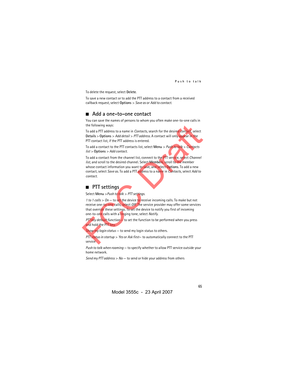 Add a one-to-one contact, Ptt settings, Fcc draft | Nokia Cellphone 3555c User Manual | Page 65 / 86