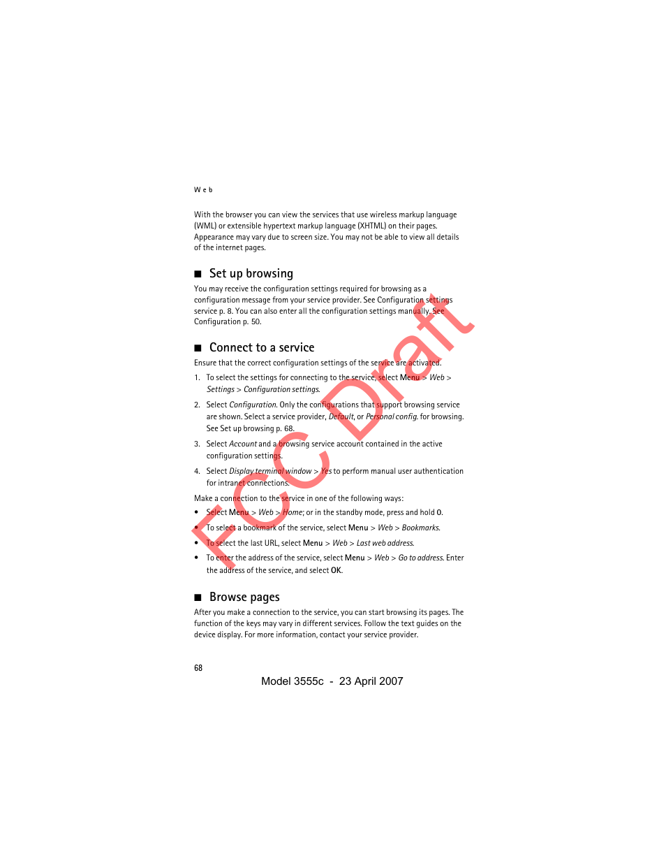 Set up browsing, Connect to a service, Fcc draft | Nokia Cellphone 3555c User Manual | Page 68 / 86