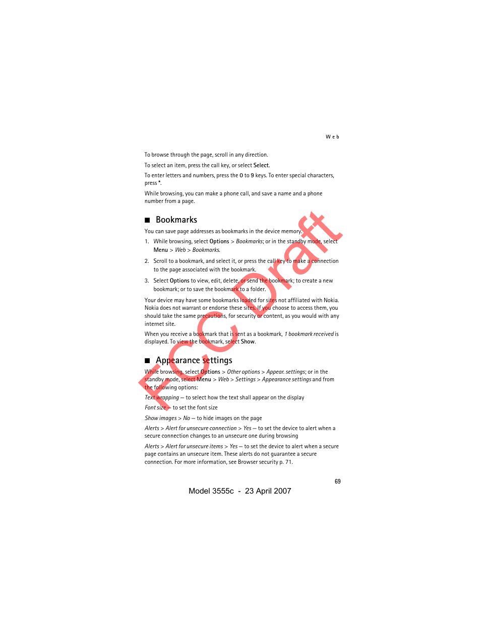 Bookmarks, Appearance settings, Fcc draft | Nokia Cellphone 3555c User Manual | Page 69 / 86