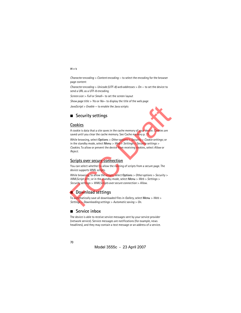 Security settings, Cookies, Scripts over secure connection | Download settings, Service inbox, Fcc draft | Nokia Cellphone 3555c User Manual | Page 70 / 86