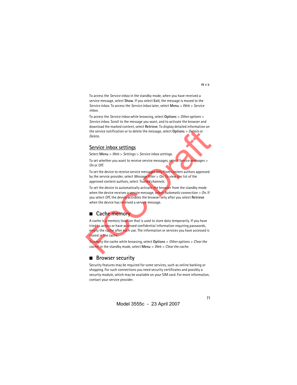 Service inbox settings, Cache memory, Browser security | Fcc draft | Nokia Cellphone 3555c User Manual | Page 71 / 86
