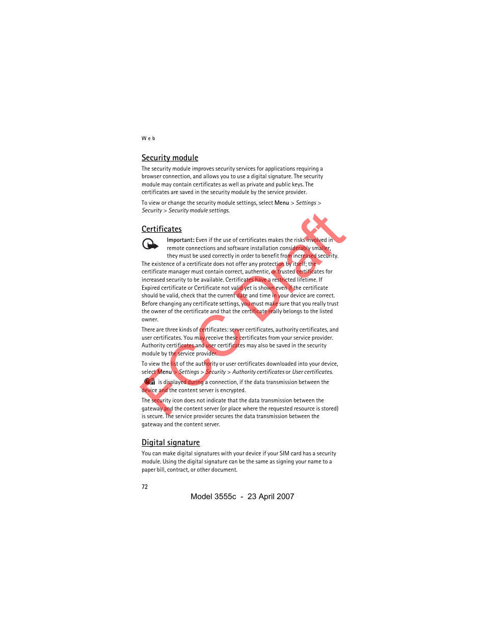 Security module, Certificates, Digital signature | Ature. see digital signature, Nloaded into your device. see certificates, Fcc draft | Nokia Cellphone 3555c User Manual | Page 72 / 86