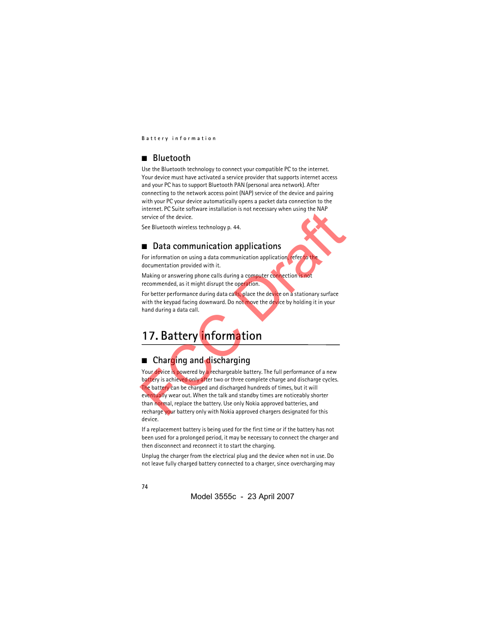 Bluetooth, Data communication applications, Battery information | Charging and discharging, Fcc draft | Nokia Cellphone 3555c User Manual | Page 74 / 86