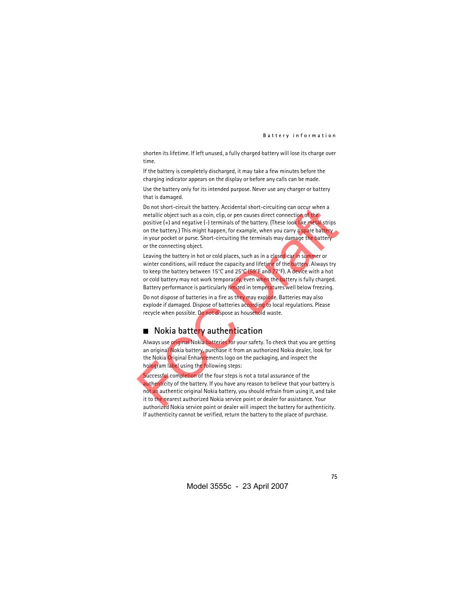 Nokia battery authentication, Fcc draft | Nokia Cellphone 3555c User Manual | Page 75 / 86