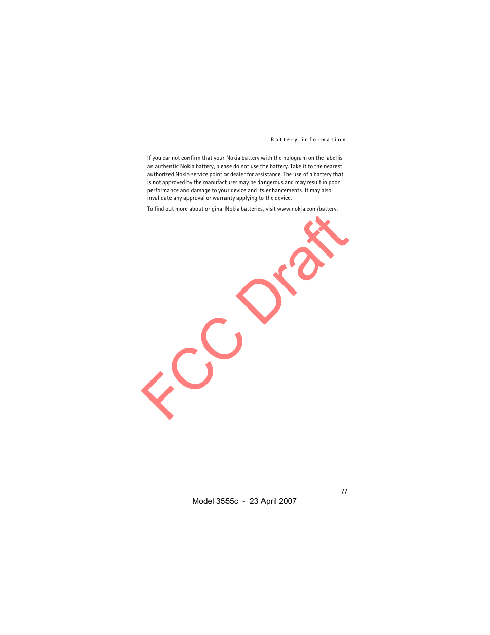 Fcc draft | Nokia Cellphone 3555c User Manual | Page 77 / 86