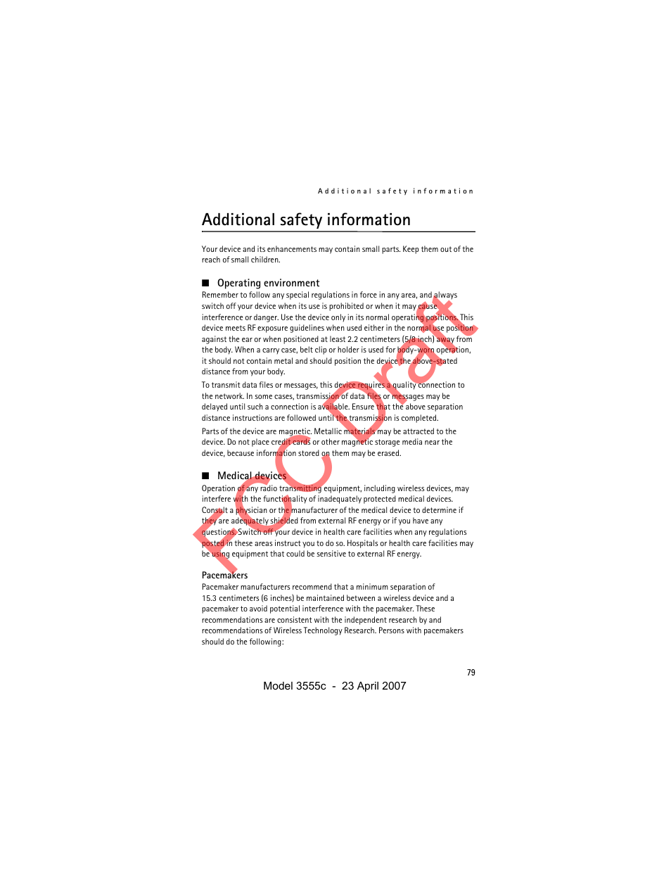 Additional safety information, Fcc draft | Nokia Cellphone 3555c User Manual | Page 79 / 86