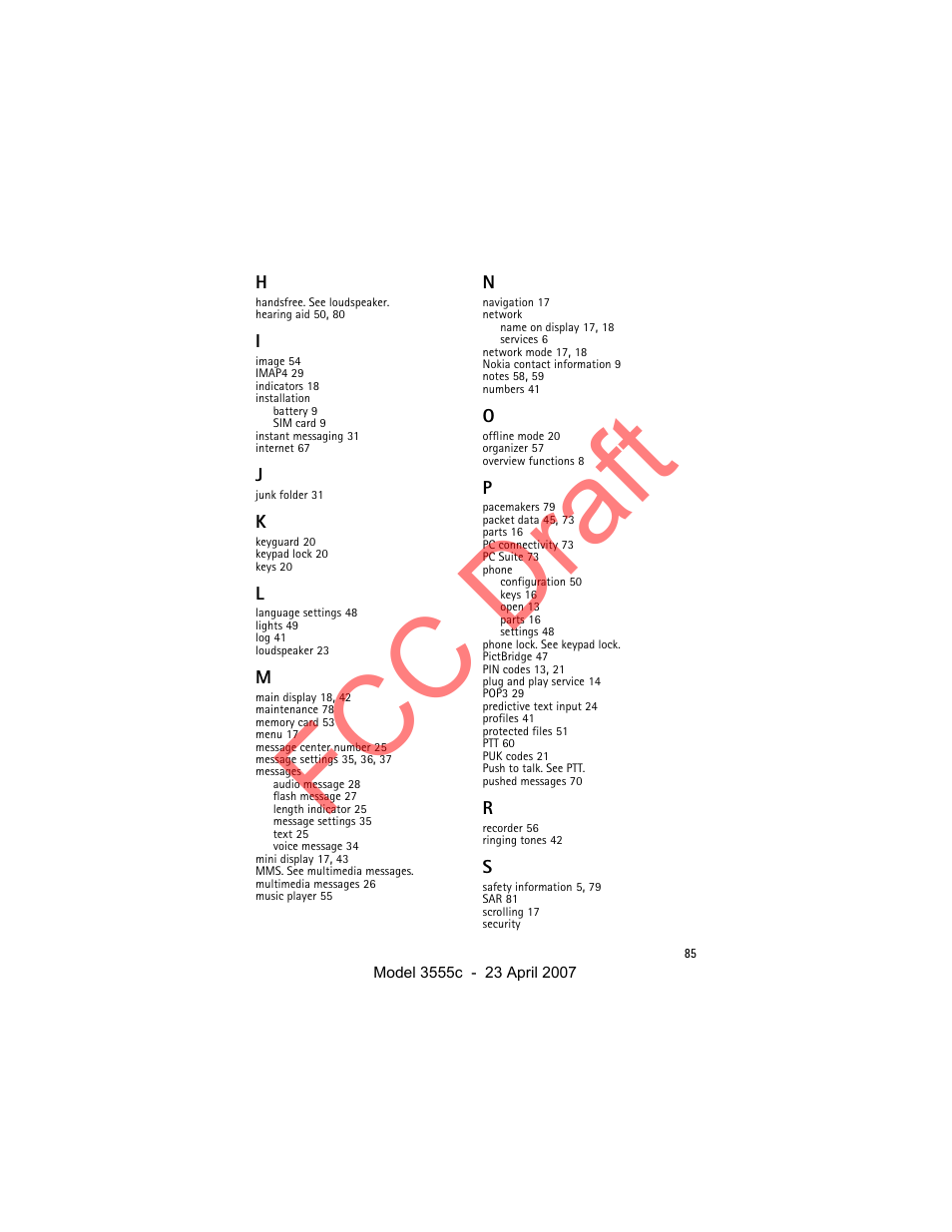 Fcc draft | Nokia Cellphone 3555c User Manual | Page 85 / 86